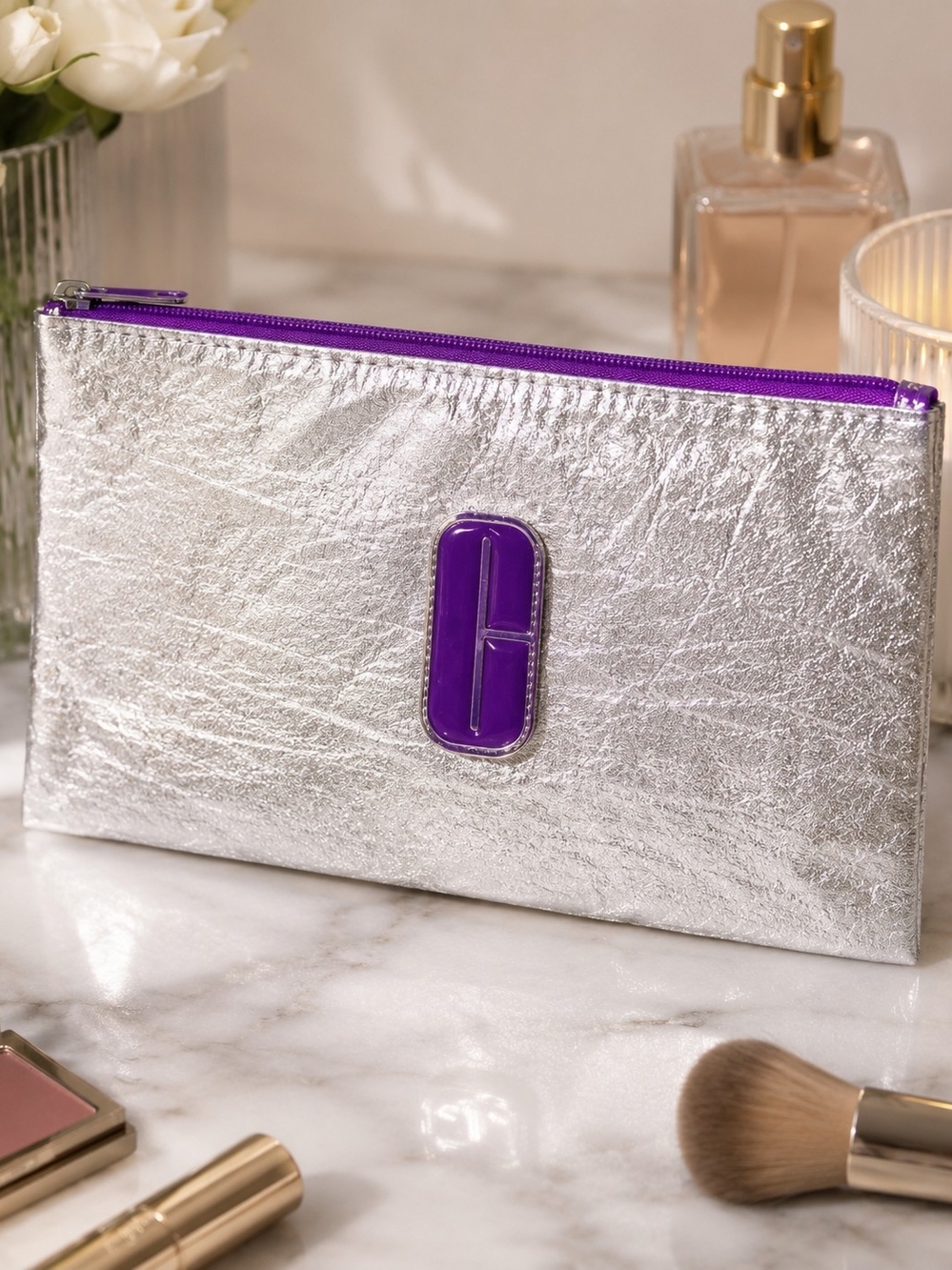 Clinique Silver Cosmetic Pouch with Purple Accents